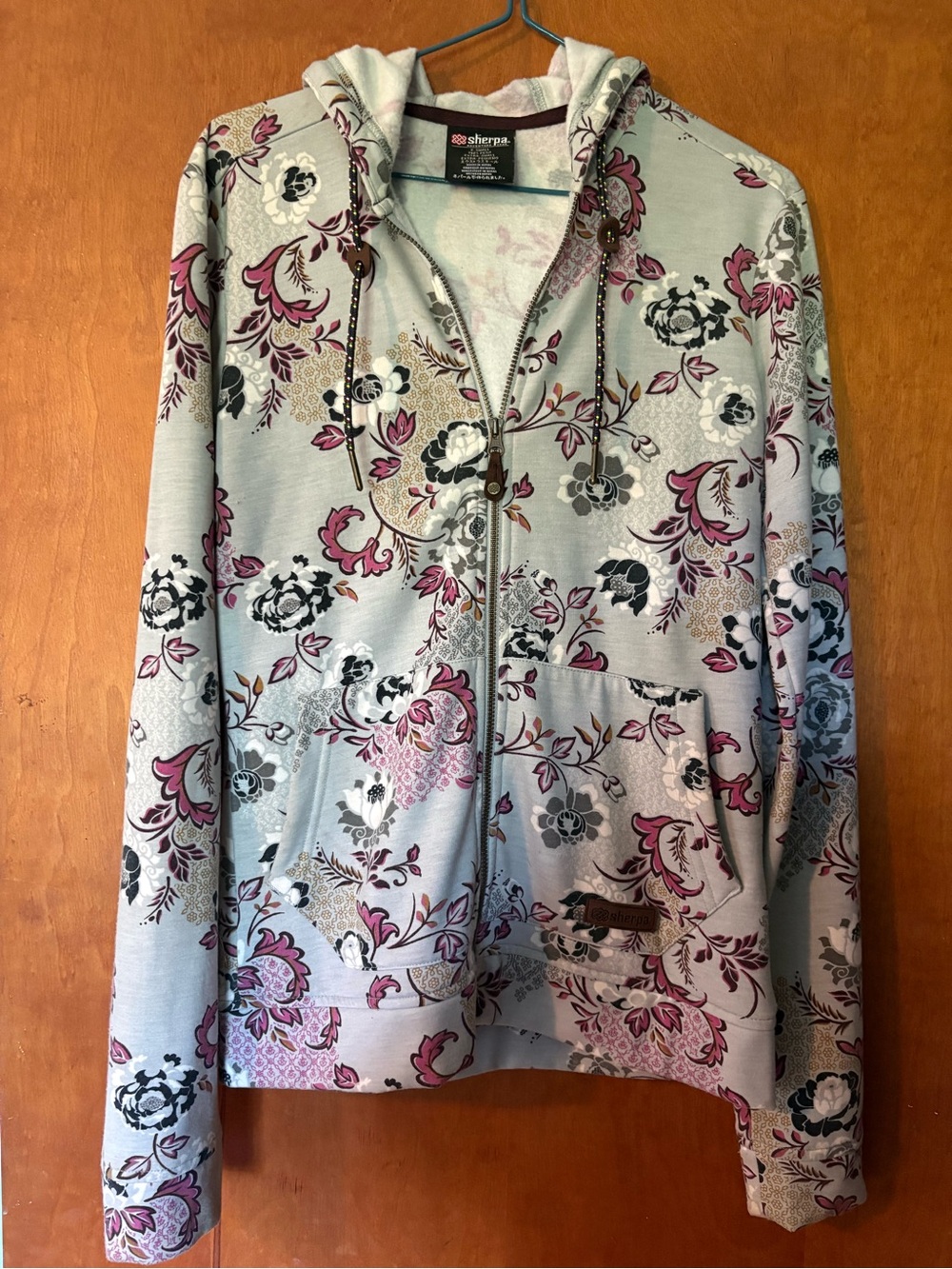 Sherpa Floral Zip Hoodie - Light Blue with Pink & Black Flowers
